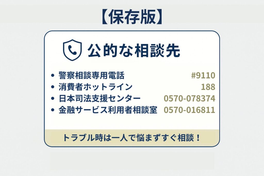 公的相談先4つの電話番号をまとめた保存用カード