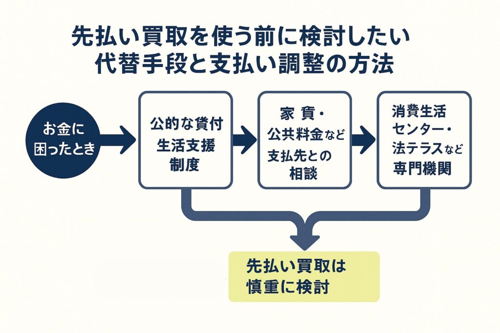 先払い買取よりも先に検討できる公的支援や相談先の流れを整理した図解