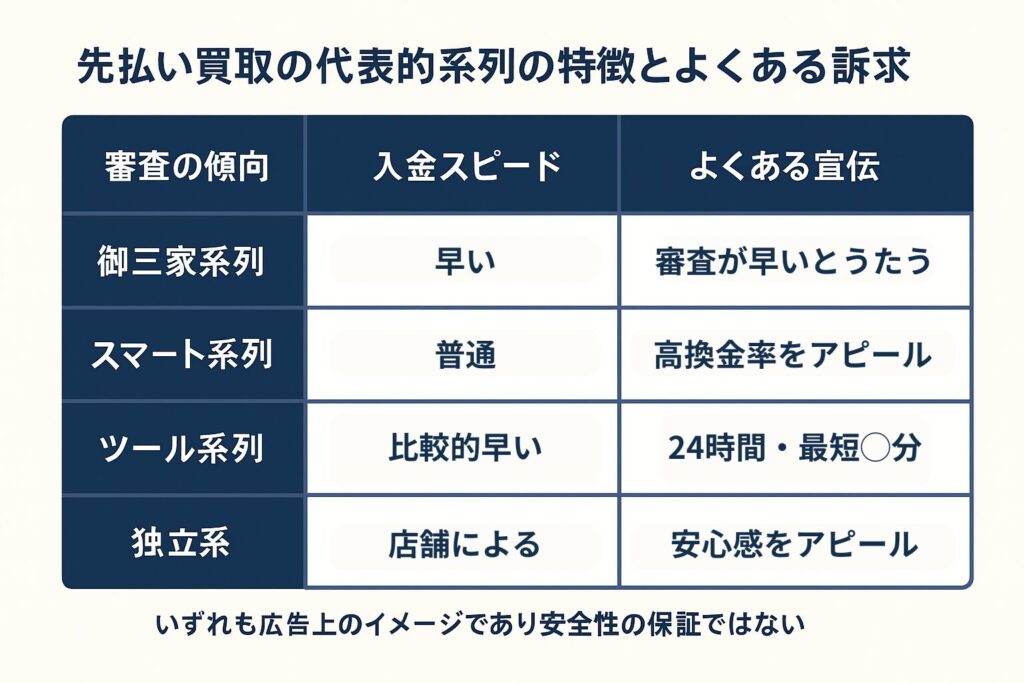 先払い買取の代表的な系列ごとの広告上の特徴を一覧できる比較表図
