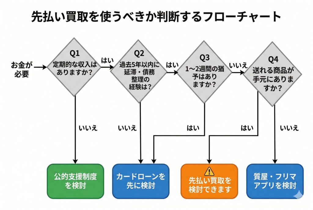 先払い買取を使うべきか判断するフローチャート。定期収入の有無・延滞歴・猶予期間・手元の商品の4つの質問で最適な資金調達方法に振り分け