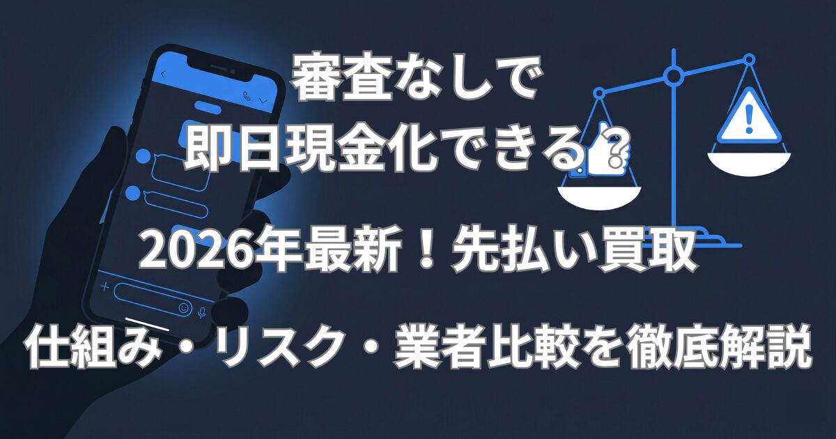 先払い買取は審査なしで即日現金化できるのかを解説する記事のアイキャッチ画像。メリットとリスクを天秤にかけるイメージ
