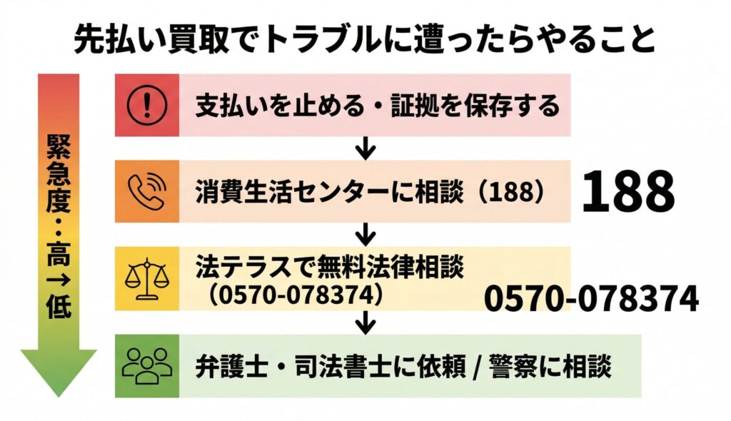 先払い買取でトラブルに遭った場合の対処手順を緊急度順に表示。証拠保全・消費生活センター188・法テラス・弁護士・警察の相談先と電話番号