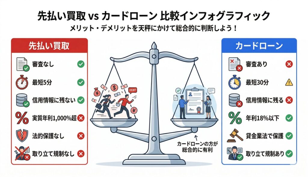 先払い買取とカードローンのメリット・デメリットを天秤で比較したインフォグラフィック。審査・コスト・法的保護の違いを一覧表示